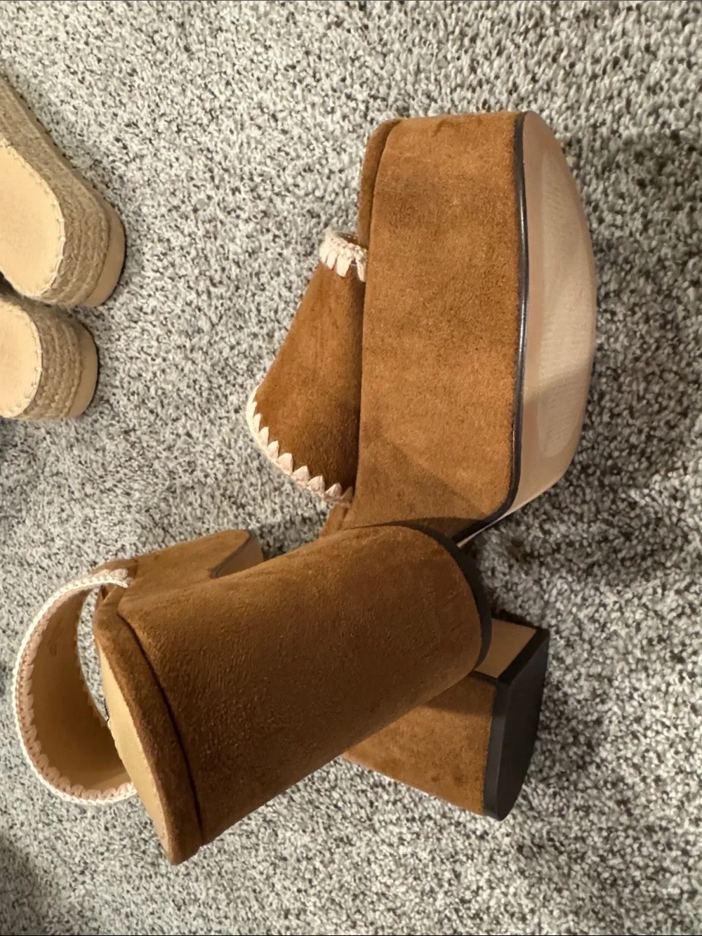 Nine West Brown Suede Platform Mules with Cream Scallop Trim